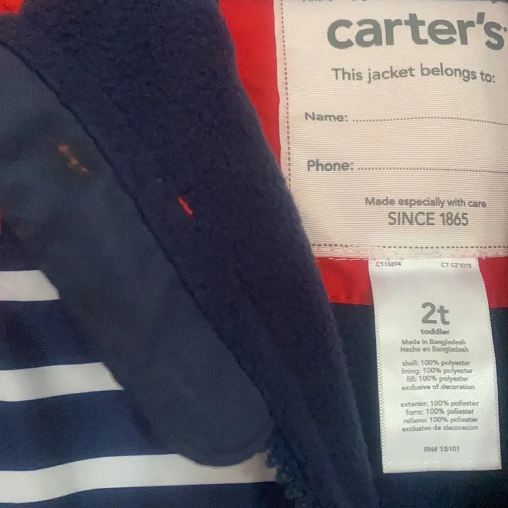 Carter’s fleece lined jacket.  Midweight. 2t